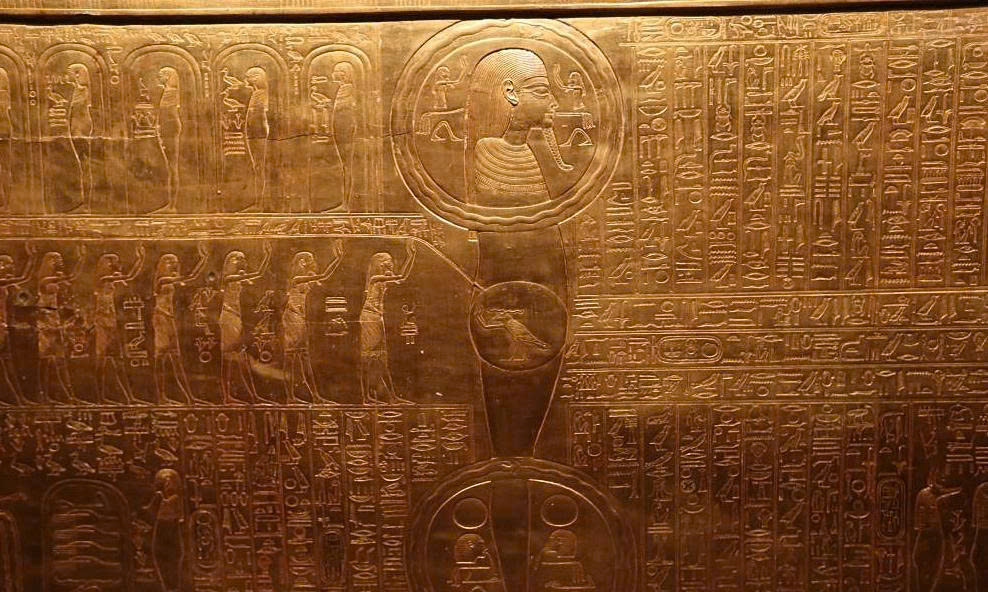 The details on the gold-plated shrine in the King Tutankhamun exhibition hall.
